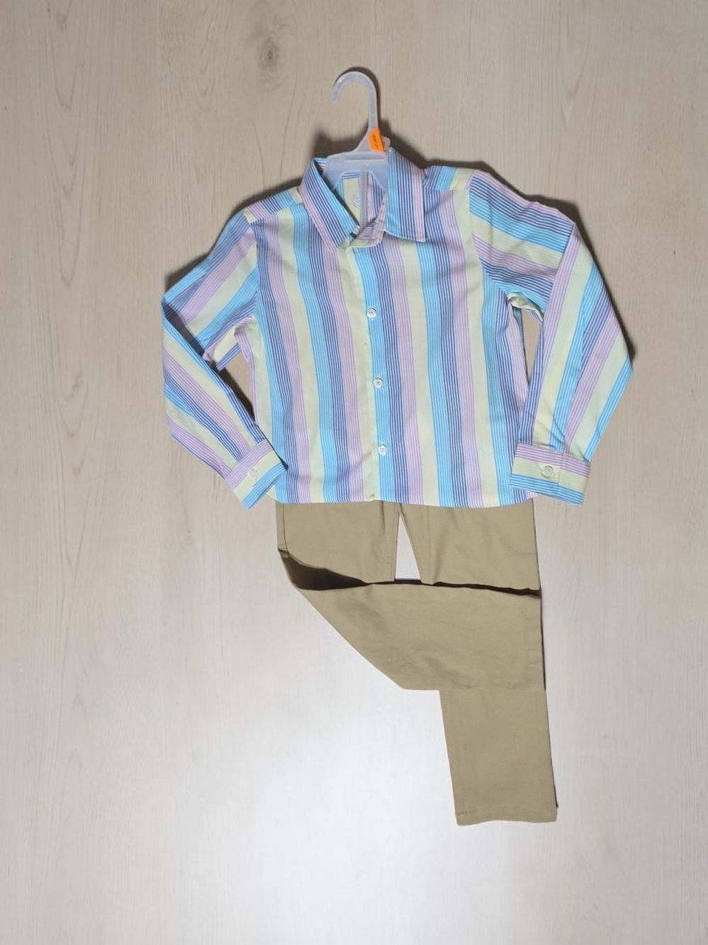 Wonder Nation Boys 2pc Set Beige Khaki Pants & Striped Button Up‎ Shirt Size 6